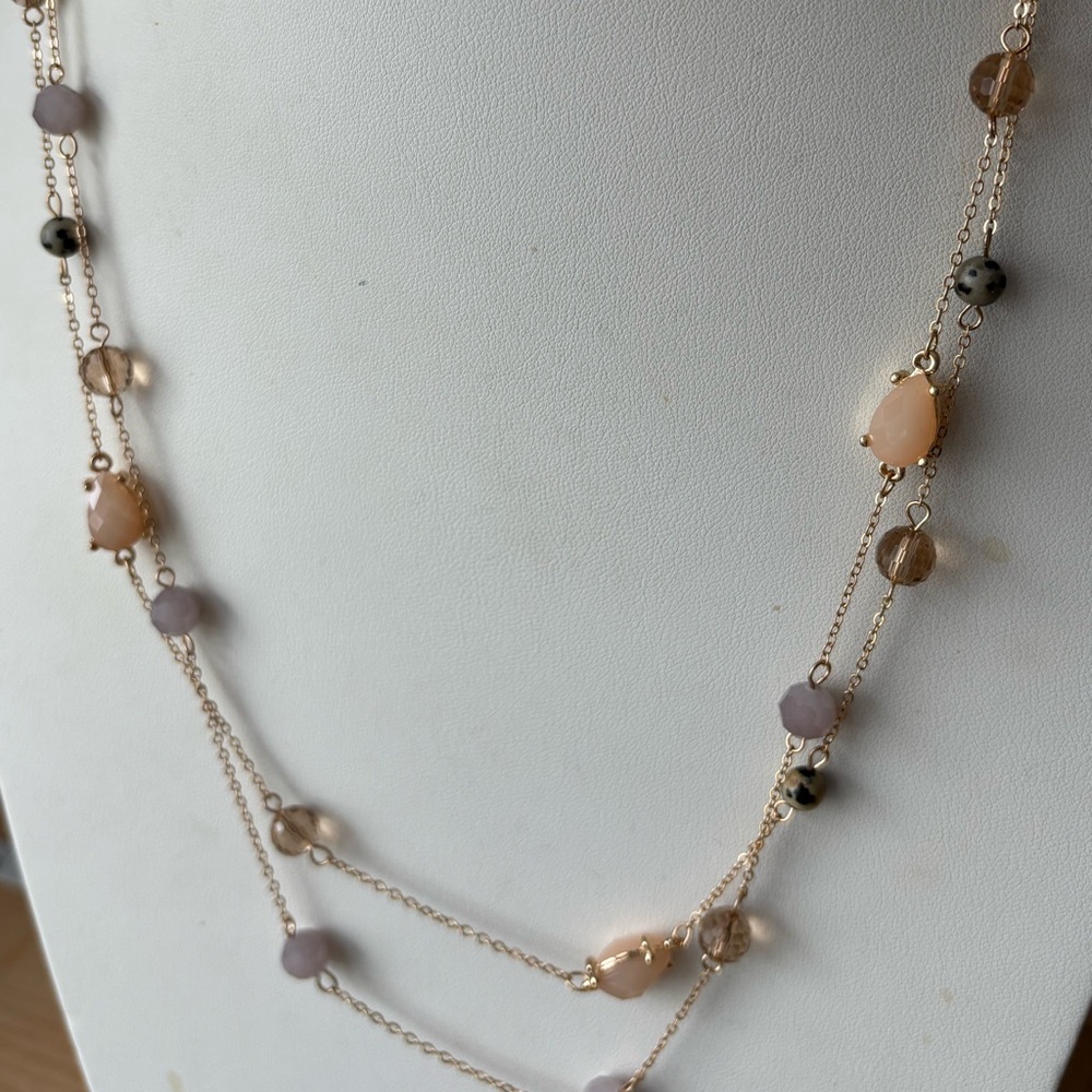 Delicate Gold Tone Beaded Chain Necklace/ Soft Colors
